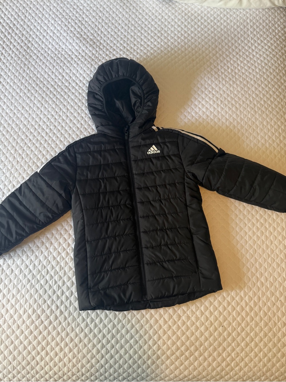 adidas Kids Black Hooded Puffer Coat with White Stripe